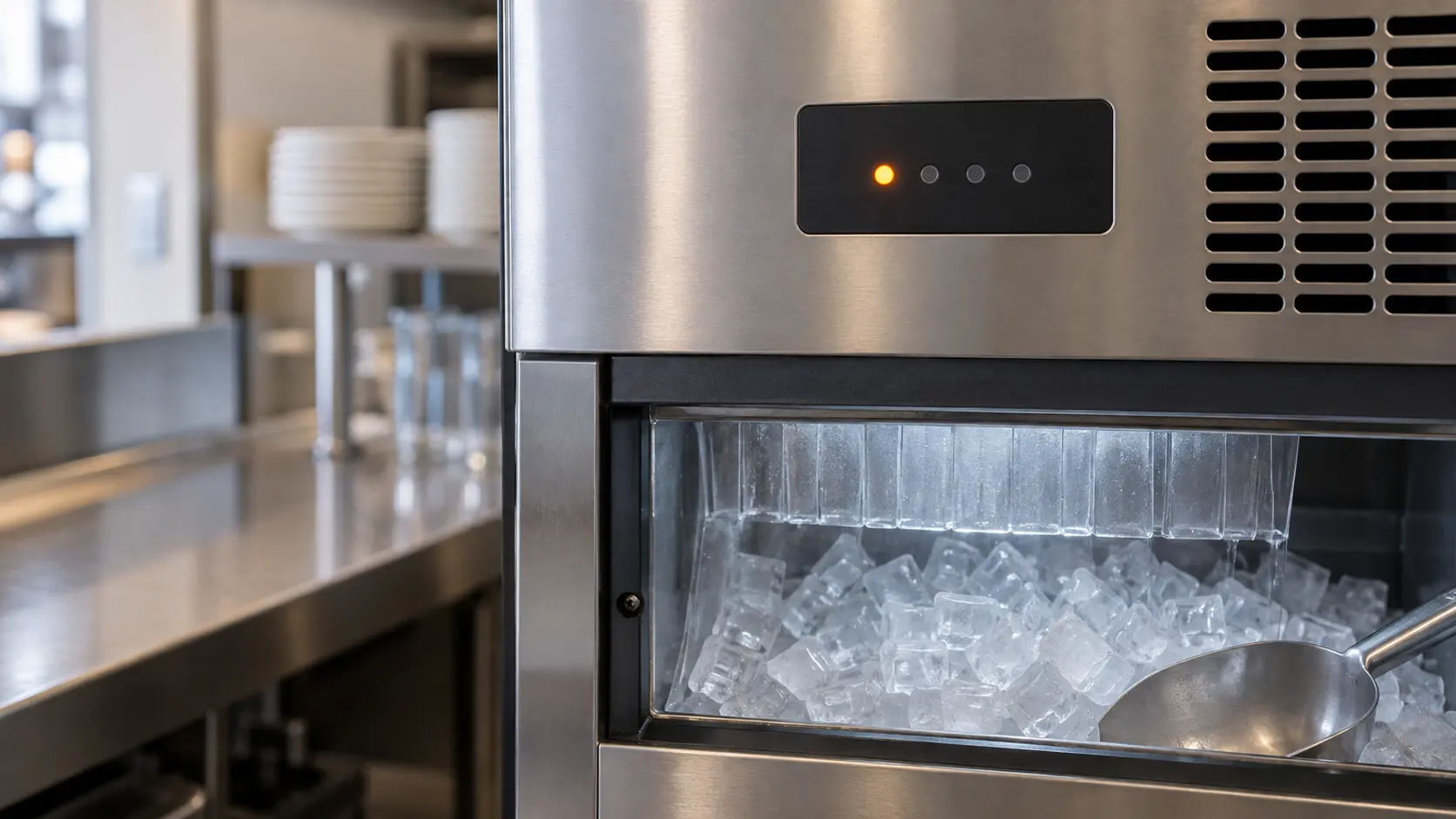 Close view of the small dark control panel on the front of a stainless modular ice machine head, one abstract indicator light glowing amber and a few plain unlit dots beside it, the edge of the ice machine's clear water curtain visible through a narrow window below.