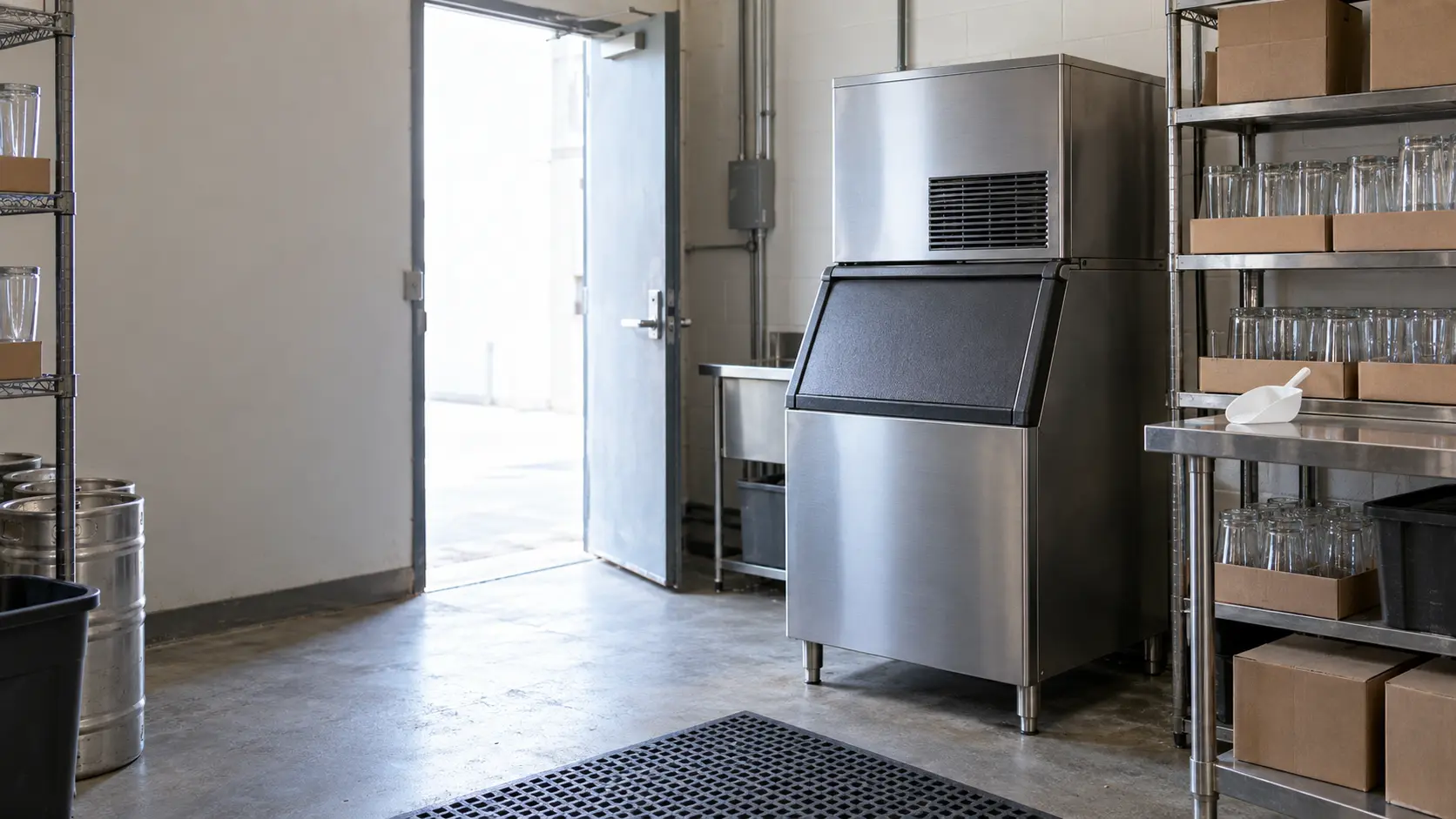 An empty bar storeroom with its back door propped wide open to a bright alley, a stainless self-contained ice machine standing against the far wall with its bin door closed, cases of glassware on steel shelving, daylight and fresh air pouring in.
