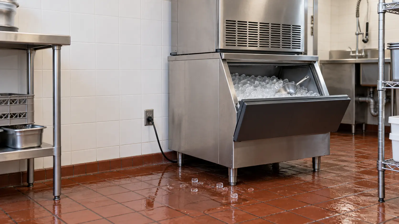 A stainless modular ice machine head sitting on a wide stainless ice bin in a tiled restaurant back room, a sheet of clear water spreading from under the ice machine bin across the red quarry tile toward a wall outlet with a plugged-in cord, a few loose ice cubes melting in the puddle.