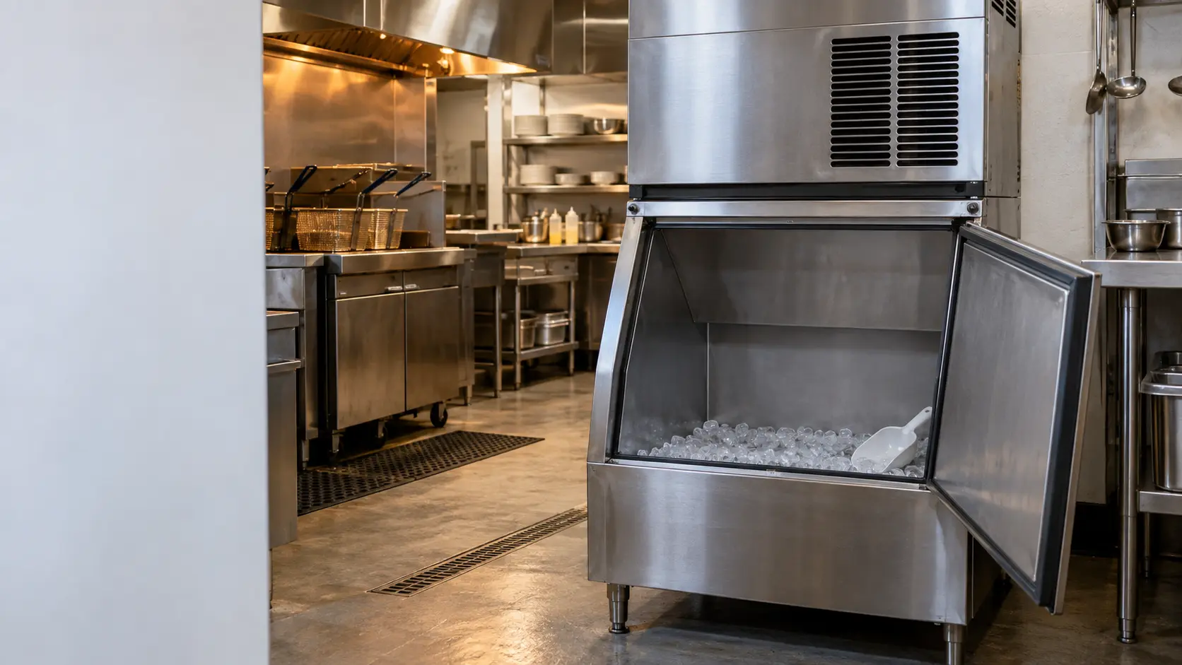 A stainless modular ice machine head on a tall storage bin in a busy restaurant back room, the bin door propped open to show only a thin layer of clear cubes scattered across the bottom of the ice machine's bin, a fryer station glowing warm in soft focus nearby.