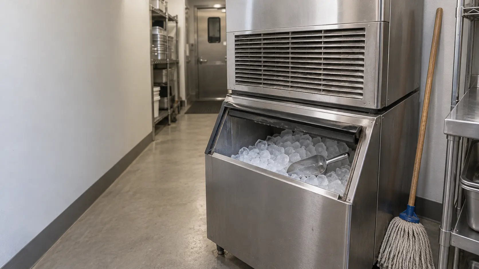 A stainless modular ice machine head on its bin in a narrow restaurant hallway, the ice machine's lower front grille in close focus with a light film of gray dust and grease on it, a dry mop leaning on the wall nearby.