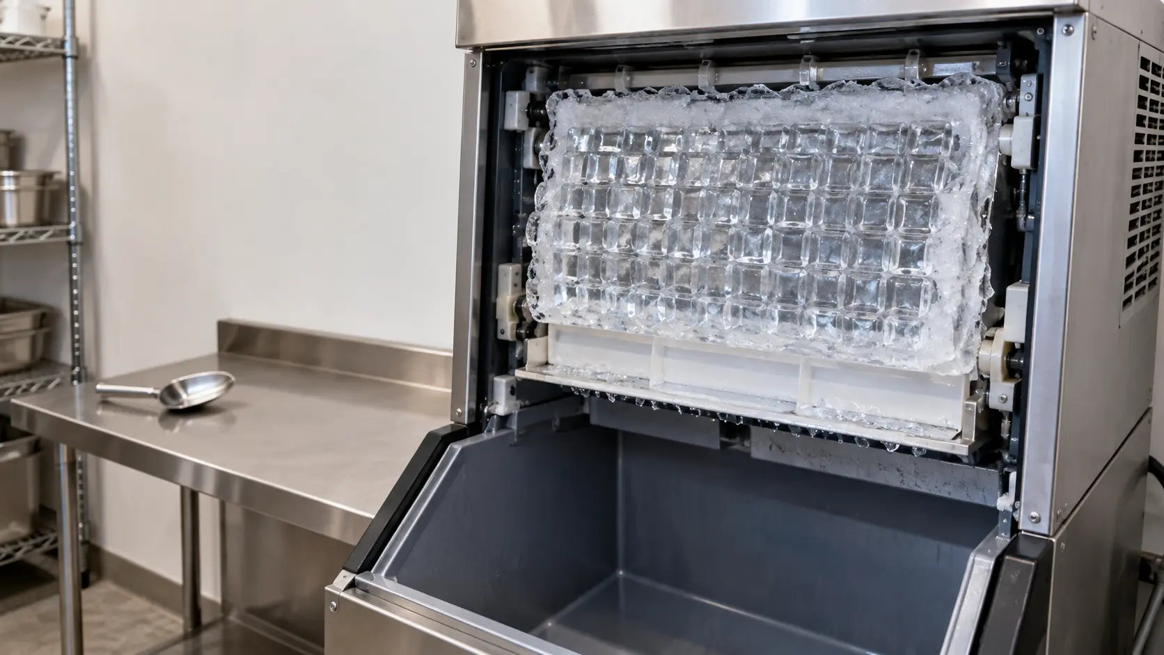 Close view into the open front of a stainless modular ice machine head, a thick, solid sheet of clear cubes frozen across the whole evaporator plate and bulging over the clear plastic water curtain, frost on the edges of the ice machine's plate, the ice bin below empty.