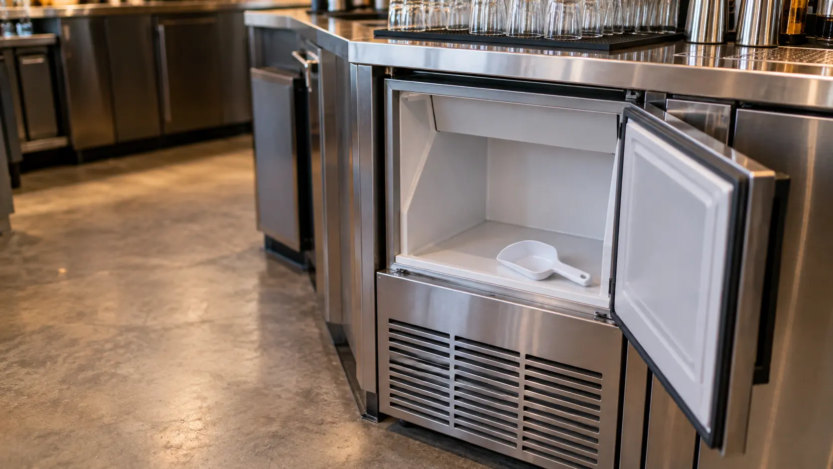 A stainless undercounter ice machine under a hotel bar with its insulated bin door swung open, the ice machine's bin completely empty and dry except for a white plastic scoop lying in the bottom, the steel counter above holding a row of clean glasses.