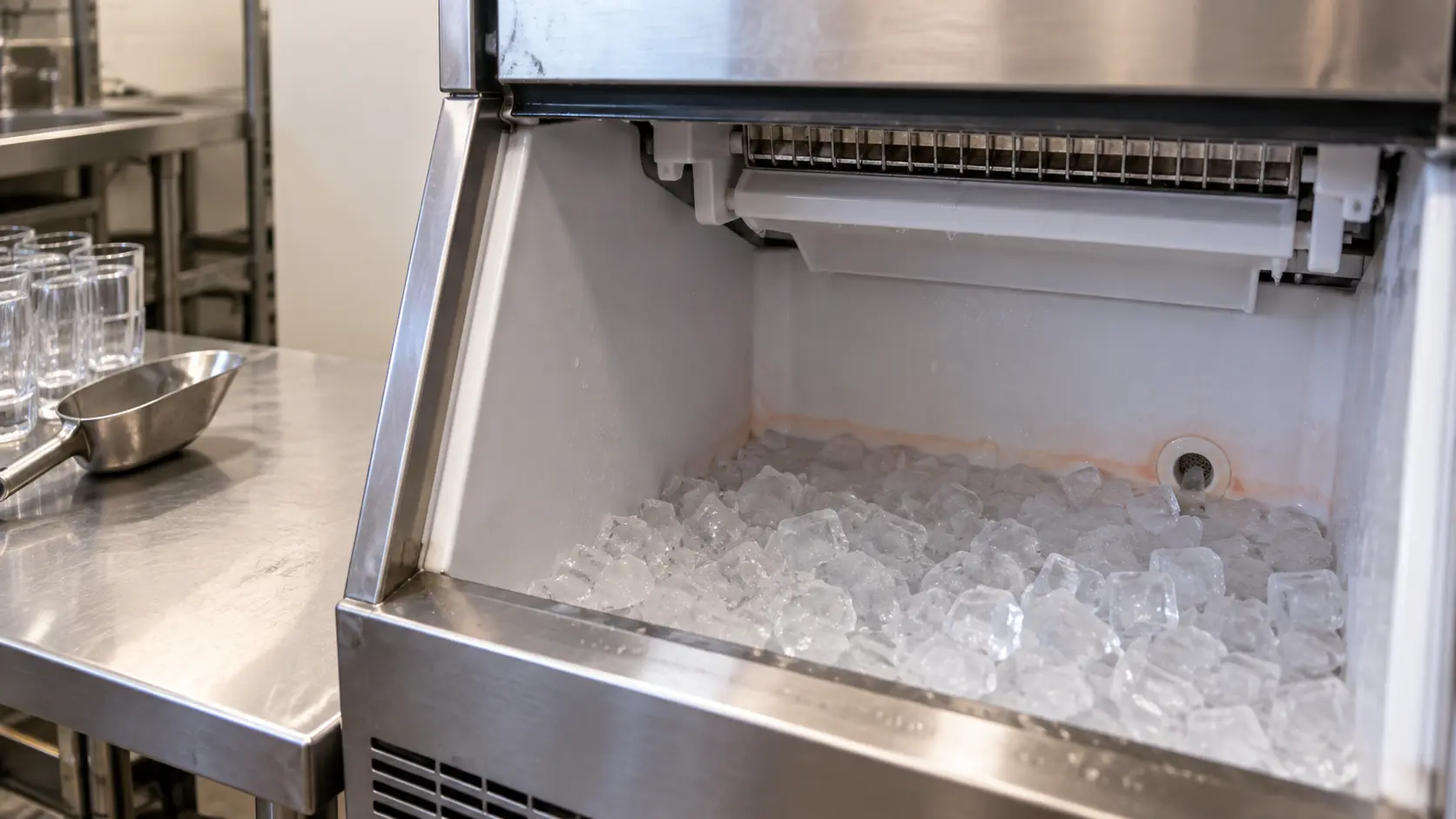 Close view inside the open bin of a stainless ice machine, a scattering of clear cubes in the bottom and a faint pinkish-orange film along the lower plastic wall of the ice machine's bin and around the drain fitting, the underside of the ice machine head just visible above.