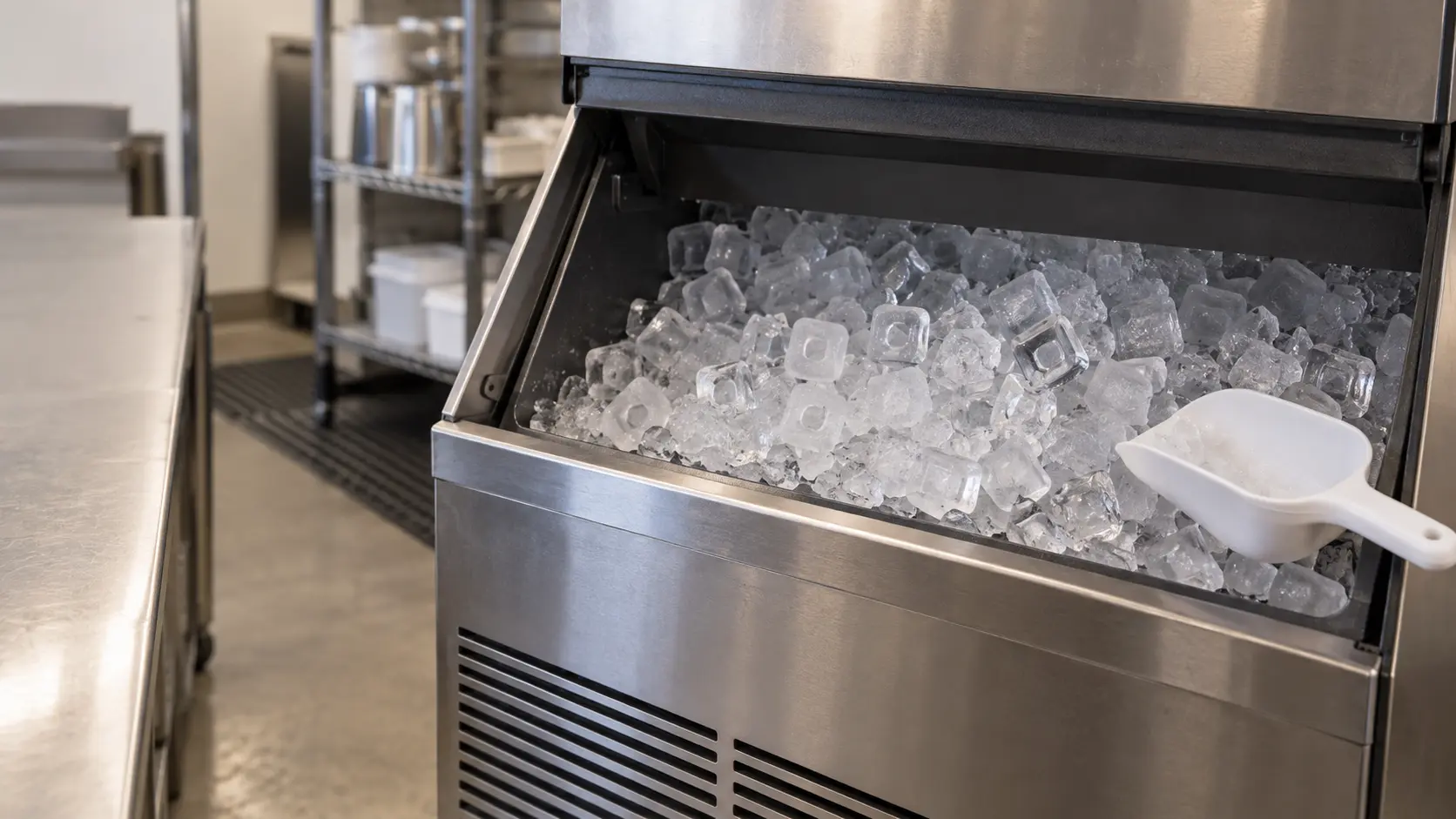 Close view into the open bin of a stainless ice machine, a mix of cubes on top: some full clear square cubes and many thin, hollow, dimpled cubes and broken shards, a white plastic scoop resting at the edge of the ice machine's bin.