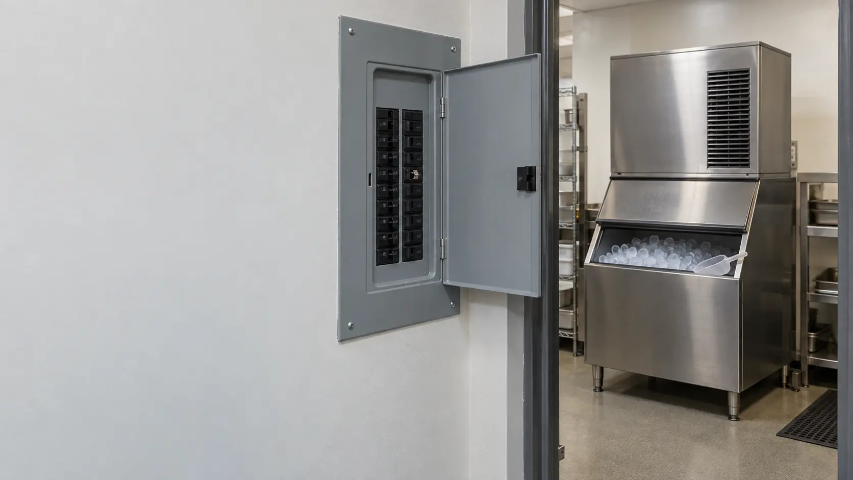 A gray electrical panel on a painted wall in a restaurant back corridor, one breaker switched to the middle tripped position, and through the open doorway beyond it a stainless modular ice machine on its bin standing dark and silent, a plastic ice scoop resting on the bin lid.