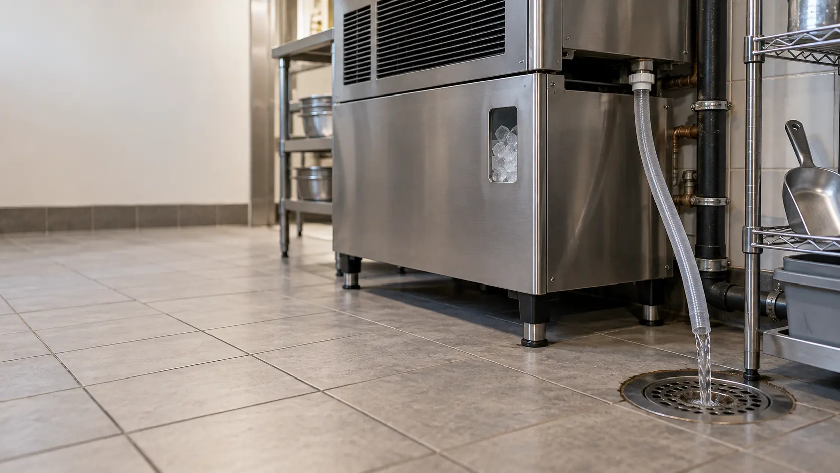 A low view behind a stainless modular ice machine on its bin in a tiled back room, a clear plastic drain line from the ice machine ending above a round floor drain with a steady stream of water pouring into it, the bin above closed.