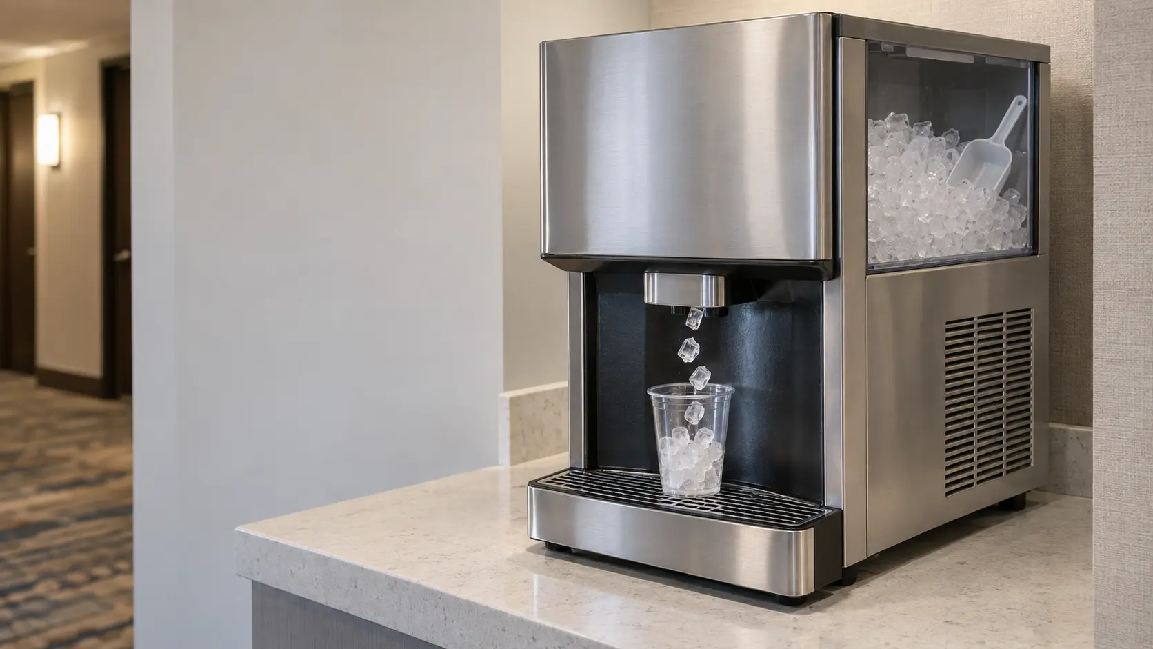 A stainless countertop ice and water dispenser standing on a pale stone counter in a hotel hallway ice alcove, a clear plastic cup under the ice machine's spout with small clear ice falling into it, a drip tray grate below the ice dispenser.