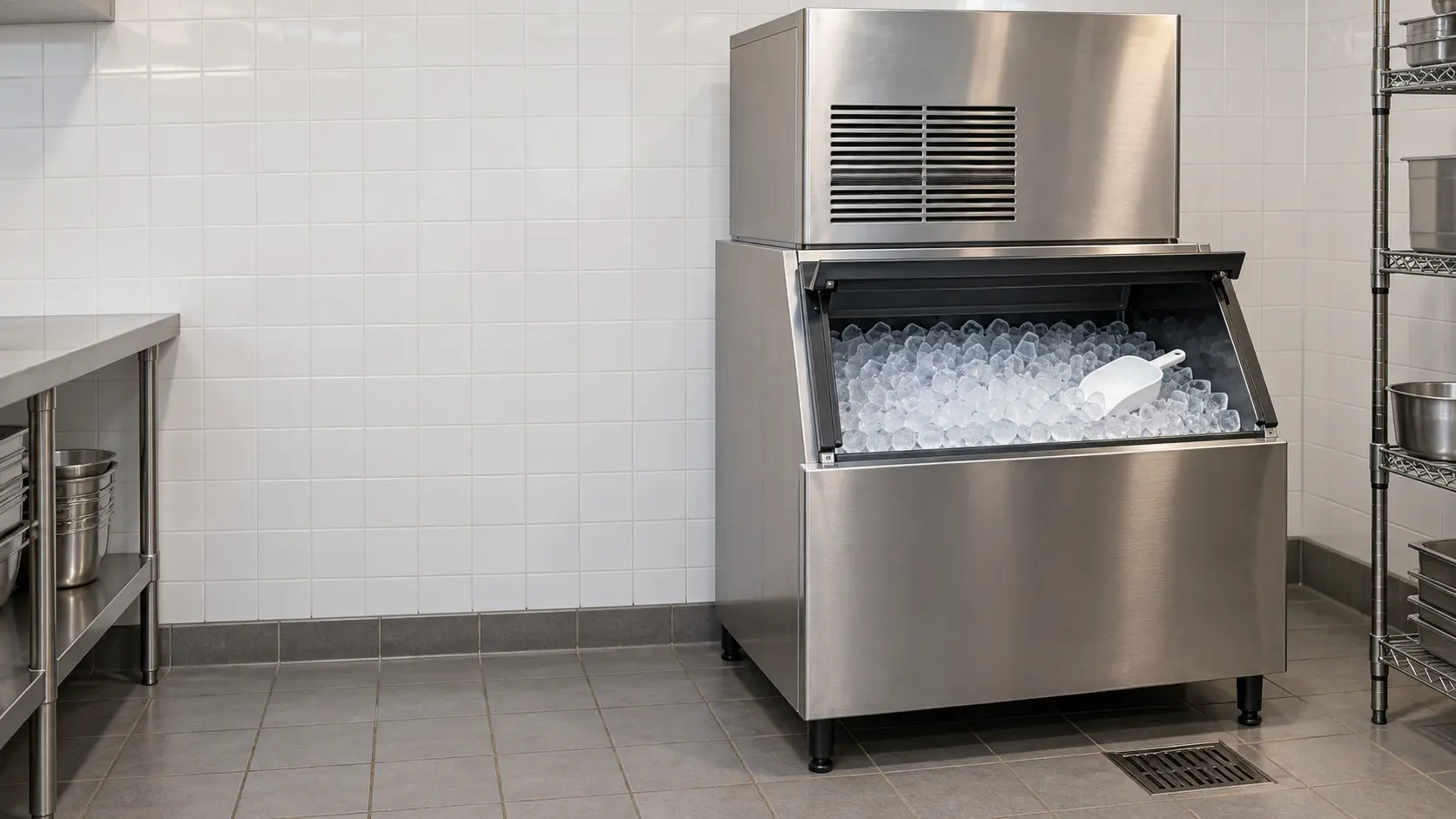 A stainless modular ice machine head sitting on top of a wide stainless ice bin in a restaurant back-of-house, the ice bin door lifted to show a heap of clear square ice cubes and a plain white scoop, the ice machine standing against a white tiled wall with a floor drain below it.