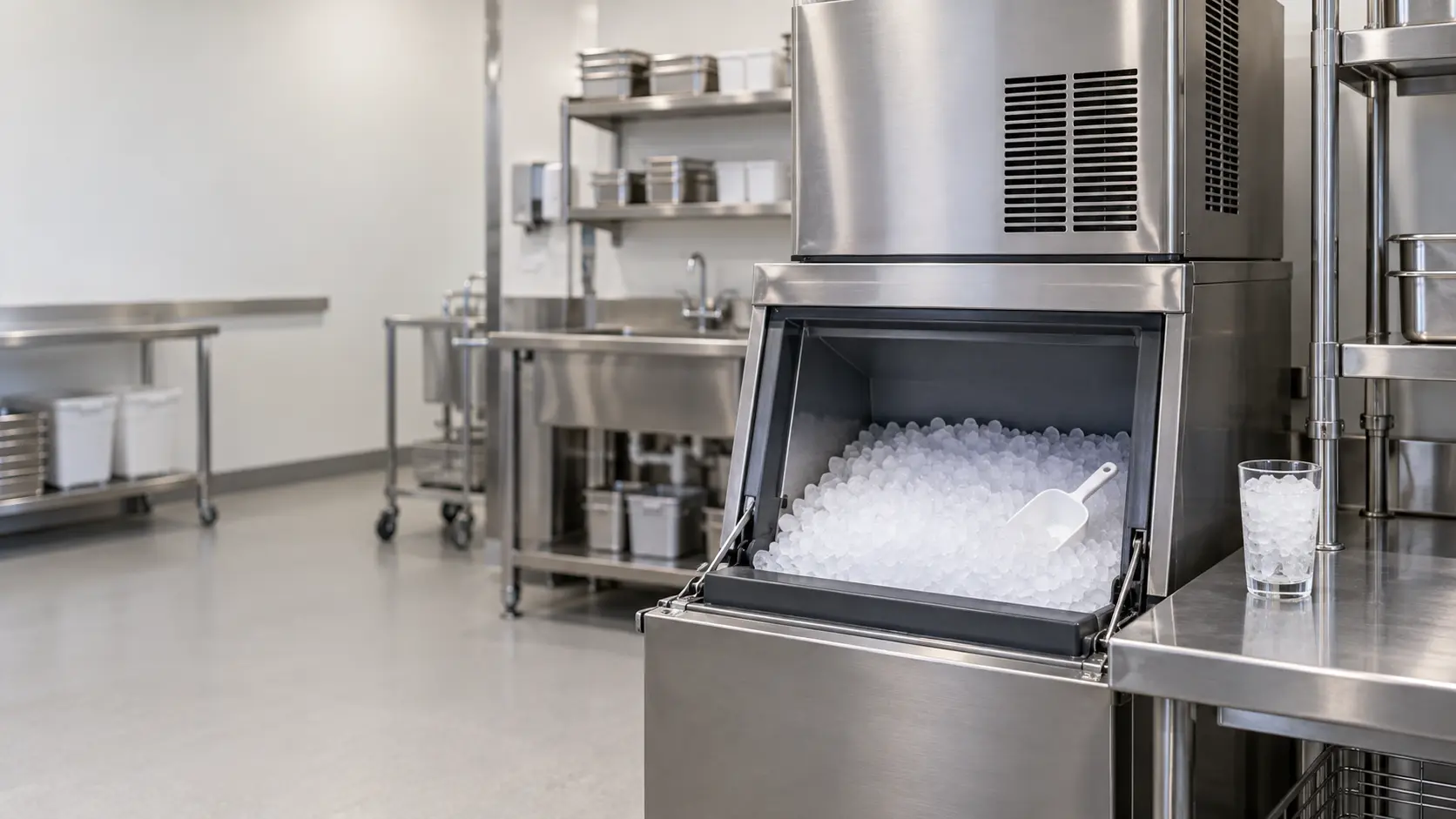A stainless nugget ice machine head sitting on a stainless bin in a clean hospital nutrition room, the bin door open to show a mound of small soft pellets of nugget ice and a plain white scoop, a clear glass of nugget ice on the counter beside the ice machine, bright even light.