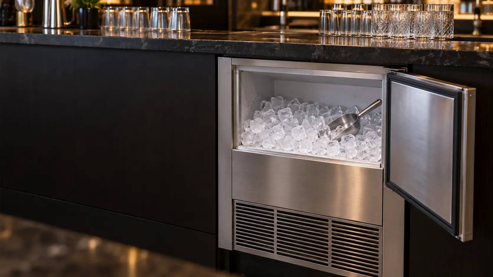 A stainless undercounter ice machine built in under a dark stone bar top in a hotel bar, the ice machine door swung open to show a bin full of clear square ice cubes with a plain stainless scoop resting in them, clean glassware on the counter above, soft warm light.