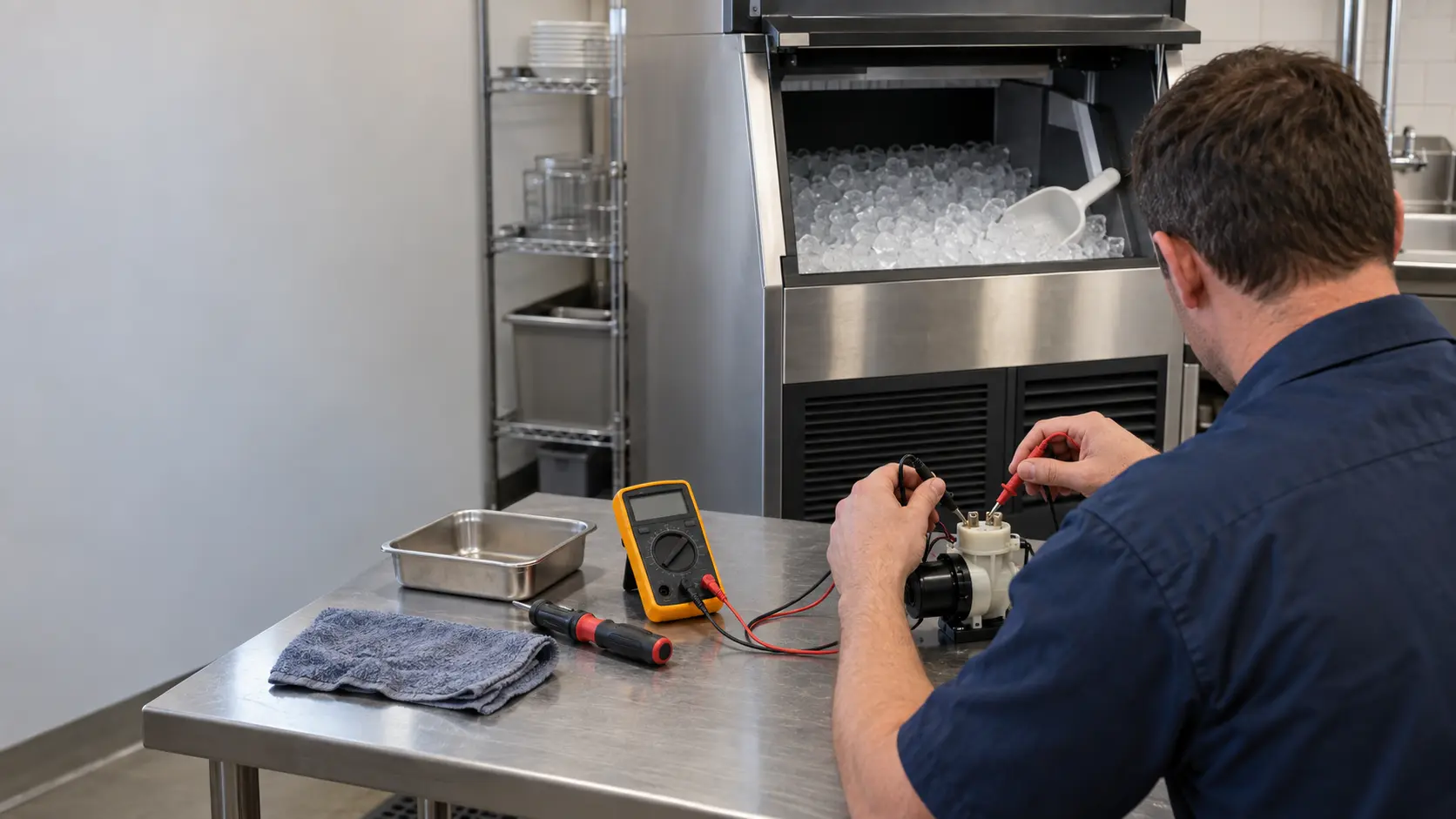 A repair technician in a plain navy work shirt at a workbench testing an ice machine pump with multimeter probes, face turned away.