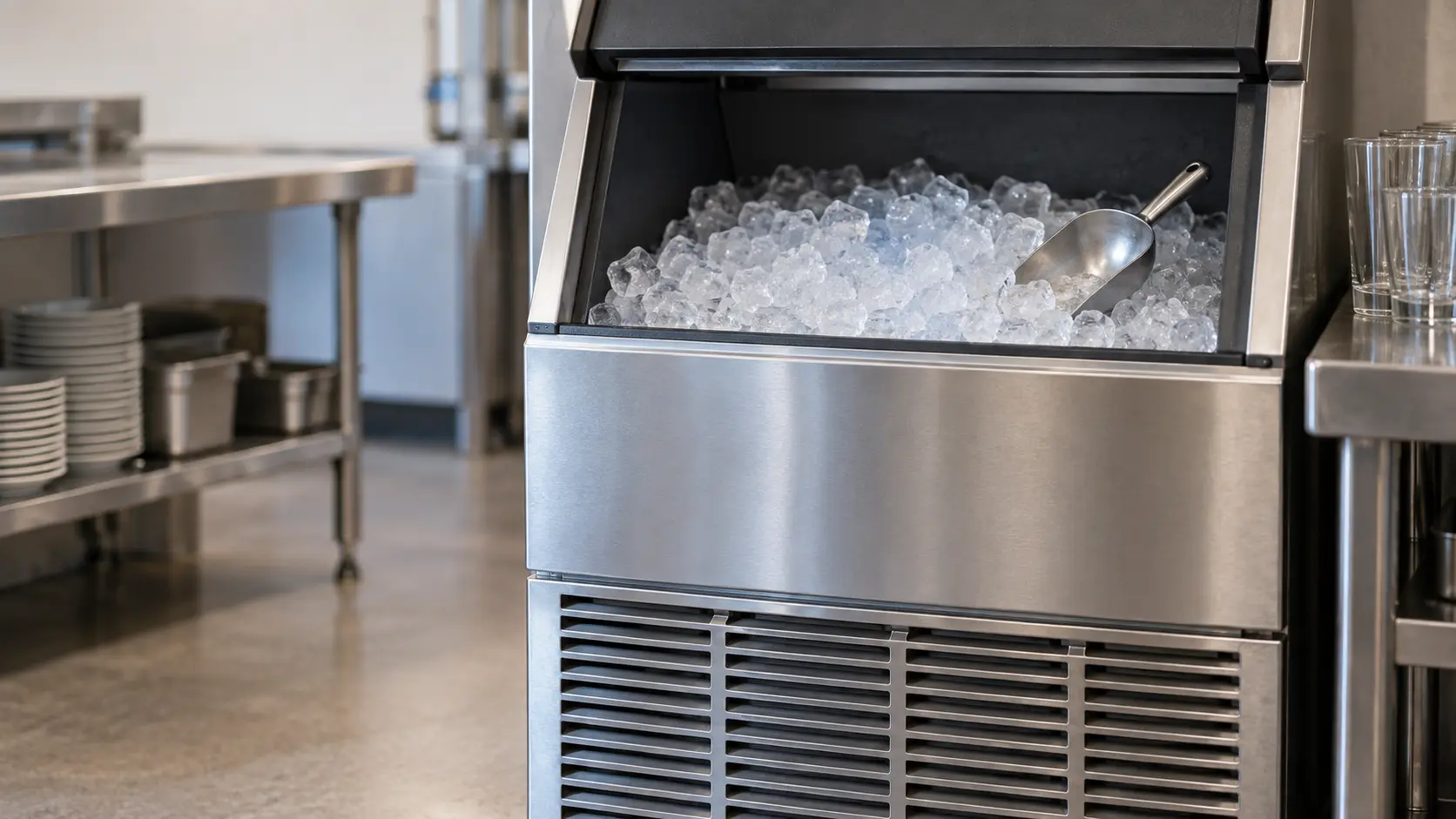 The brushed stainless front panel and vents of an ice machine filling the frame, soft light.