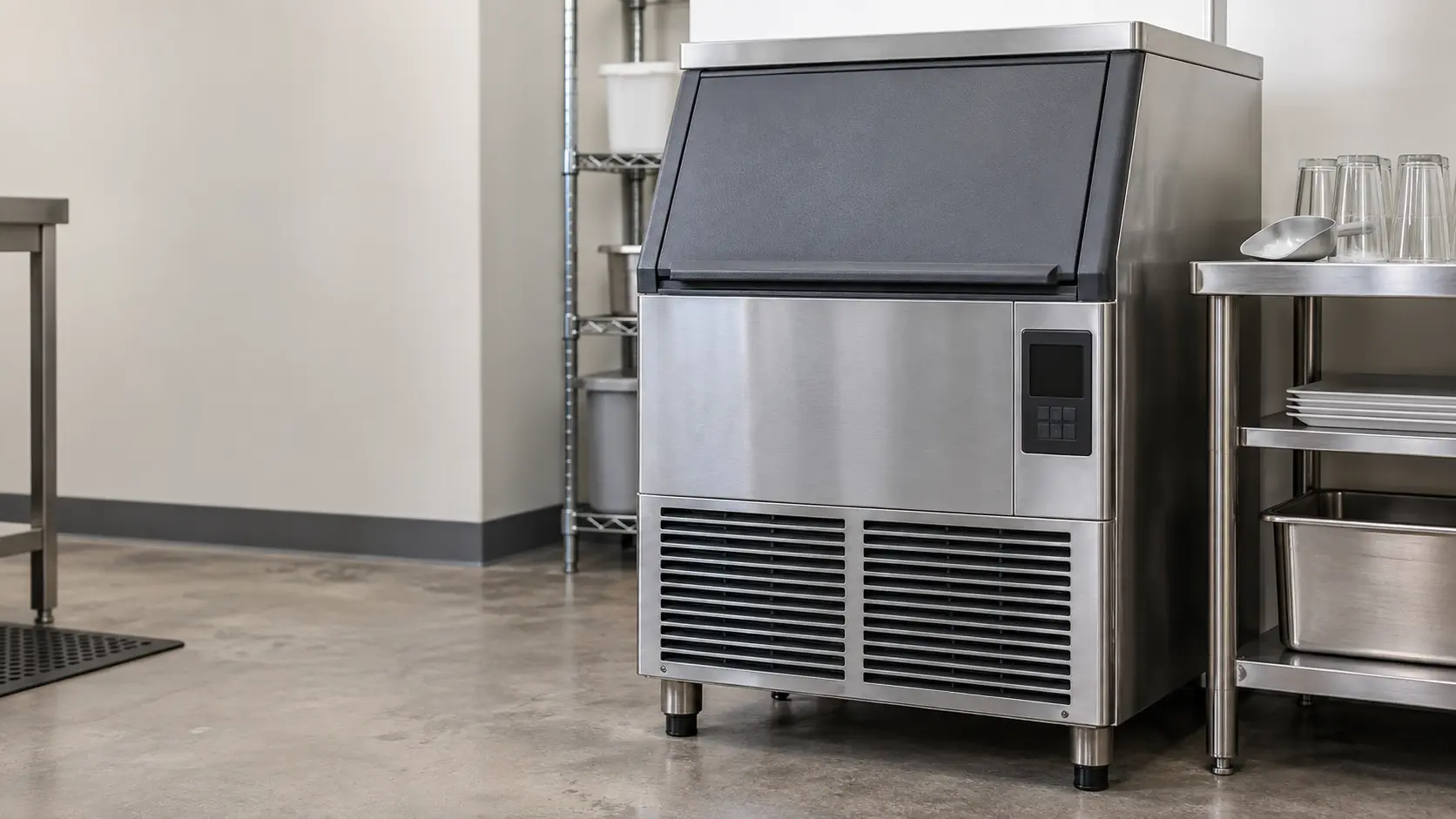 The dark keypad and display on the front of a stainless modular ice machine in a quiet back room, no lights lit on the ice machine and its bin door closed.