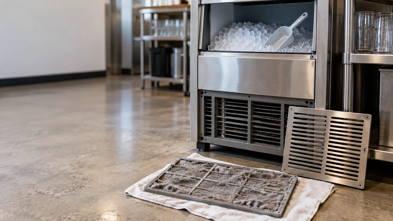 The front grille of an undercounter ice machine beside a removed gray air filter blanketed with lint, resting on a towel on the floor in front of the ice machine.