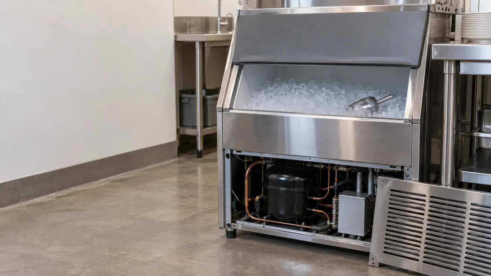 The lower compartment of a stainless undercounter ice machine seen through its open front grille, the ice machine's black compressor and copper lines in shadow, nobody near it.