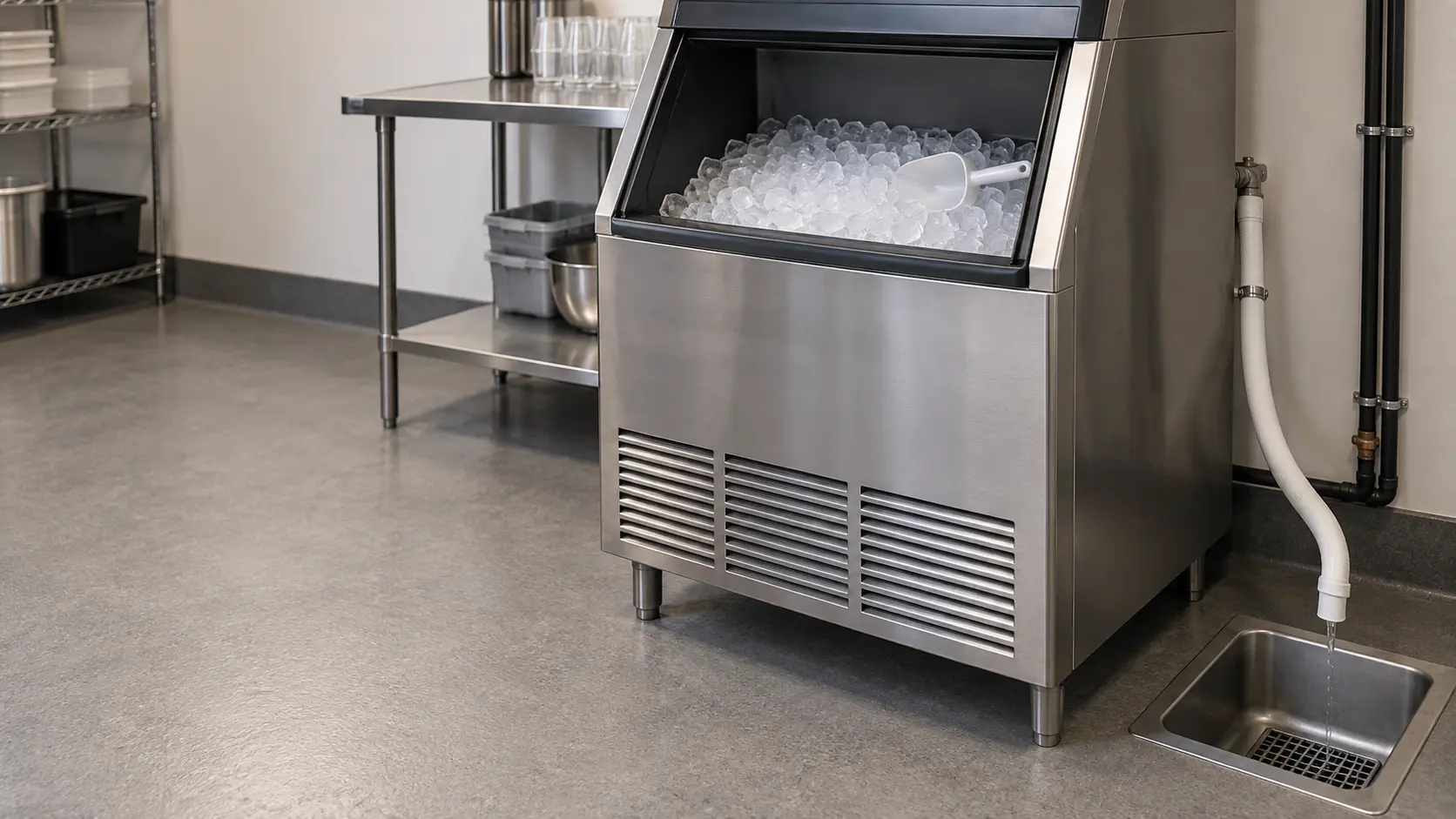 A white drain line running from the base of a stainless ice machine bin down to a floor sink, a clear air gap above the sink, the floor around the ice machine dry.