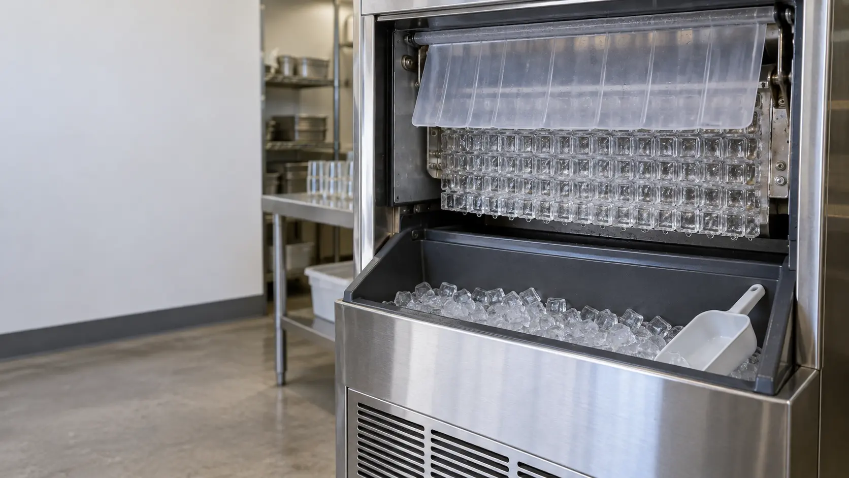 The evaporator plate inside an open modular ice machine with a full sheet of clear cubes still frozen to it, the ice machine's plastic water curtain hanging just in front.