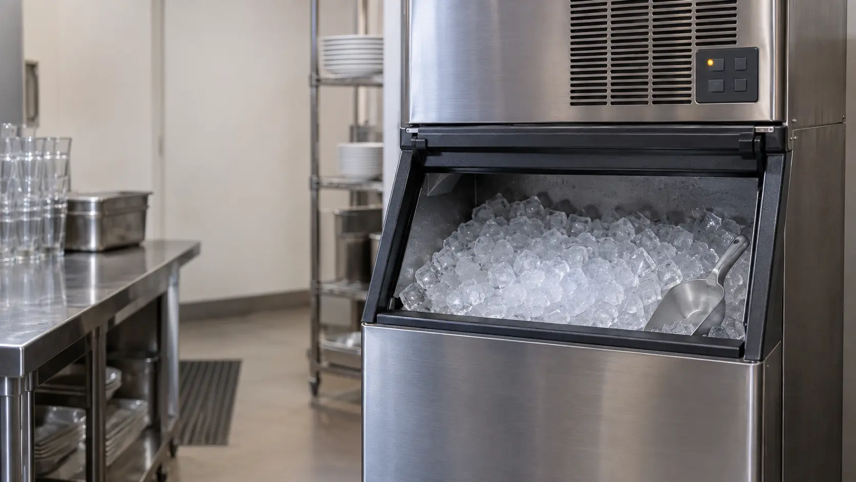 The small keypad of a stainless modular ice machine with one plain amber light lit beside its buttons, the ice machine's bin below it holding a full mound of clear cubes.