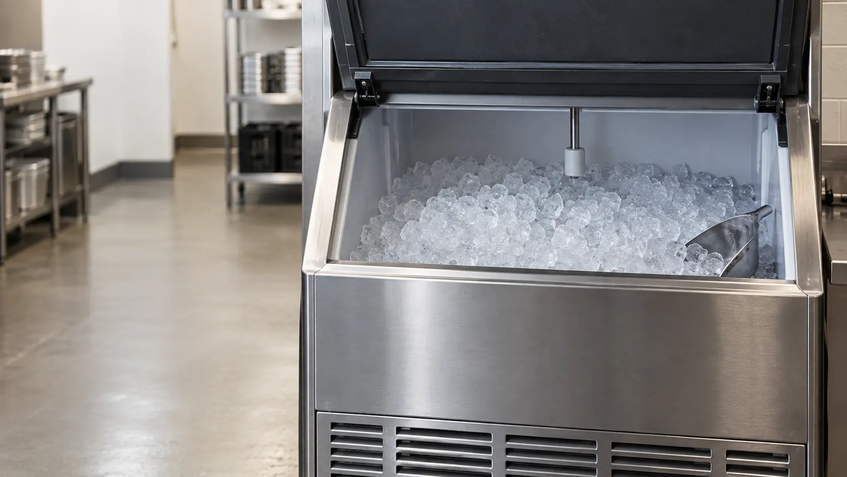 The inside top of an ice bin under a modular ice machine, the ice machine's bin control probe hanging just above a level mound of cubes, the bin door raised.