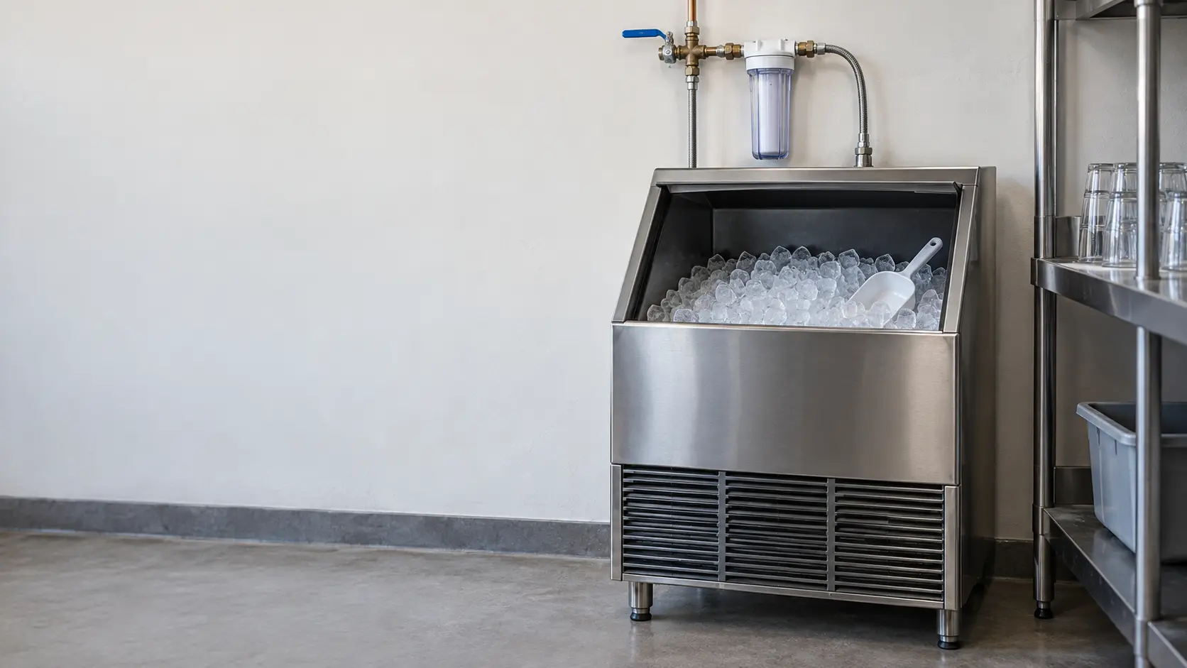 The water supply line and a blue-handled shutoff valve on the wall behind a stainless ice machine, a clear filter housing on the line above the ice machine's inlet.