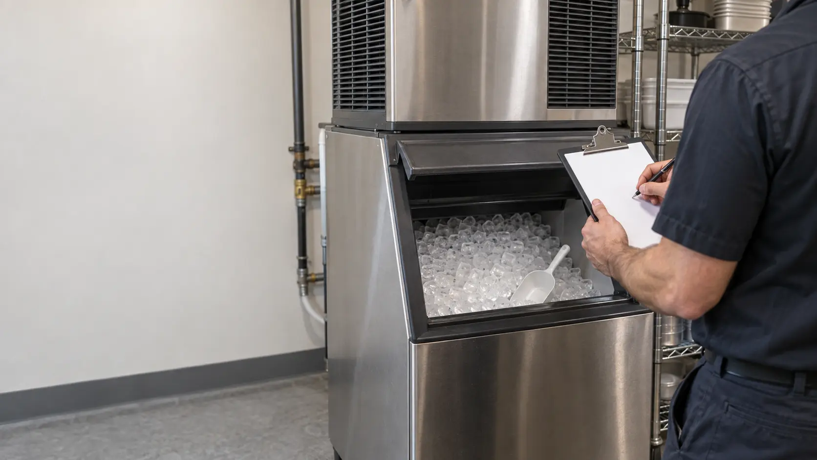 A technician writing on a blank clipboard beside an ice machine, the page empty of any writing.