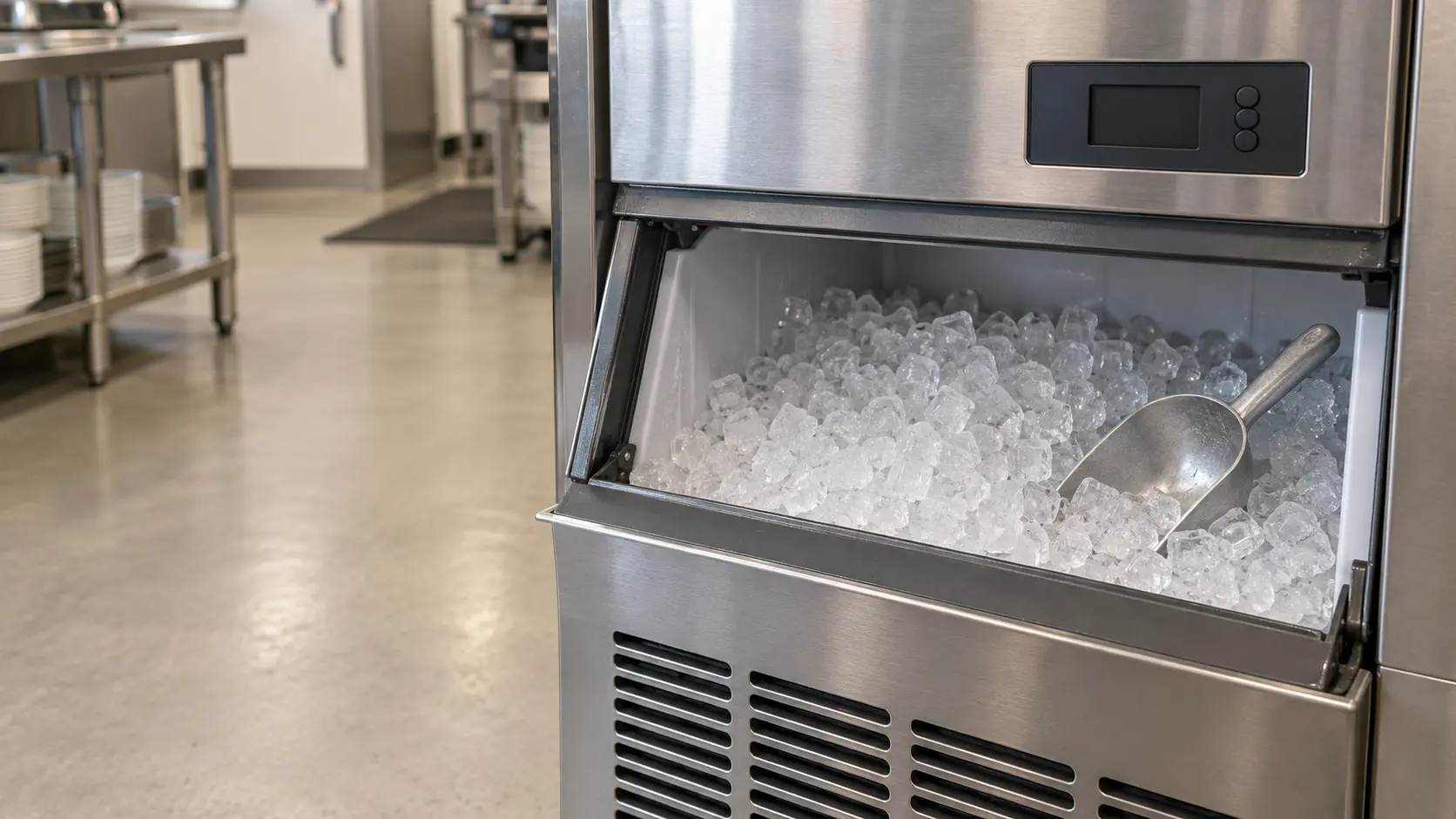 The small control panel of an ice machine seen close.