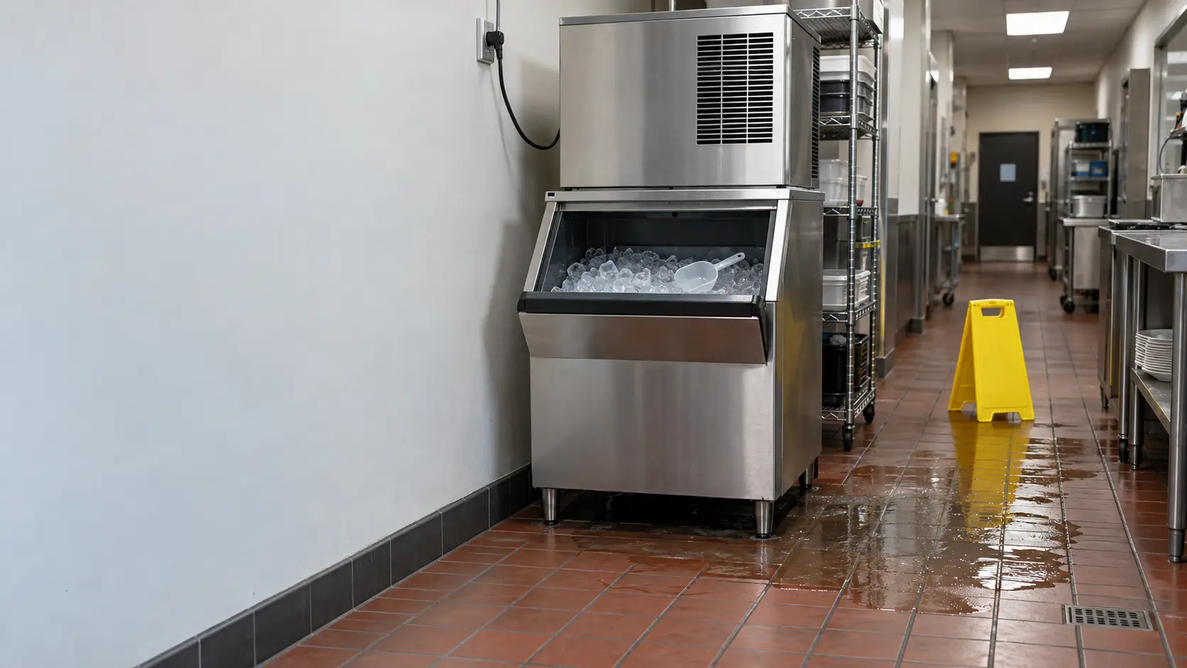 A restaurant back hallway with a stainless modular ice machine on a tall bin, a shallow sheet of water spreading from under the ice machine across a quarry-tile floor toward a yellow folding floor sign, a plugged cord on the wall well away from the water.