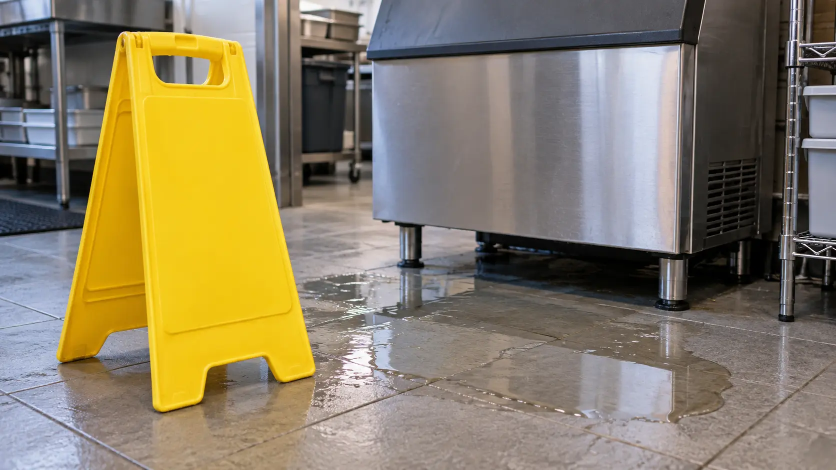 Close on a yellow wet-floor sign beside water on a tiled floor near an ice machine.
