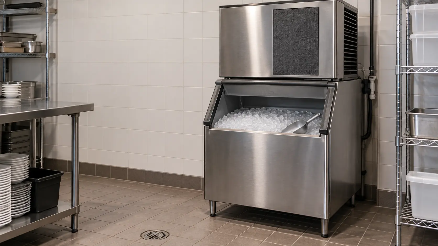 A stainless modular ice machine head on a bin in a narrow restaurant back room, a louvered side panel and a gray washable air filter visible on the front, a clear gap between the ice machine and the tiled wall, a floor drain nearby.