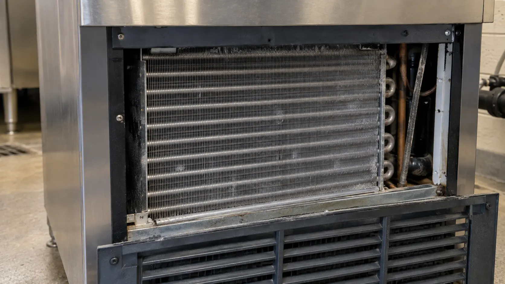 Close on the finned condenser coil at the front of an ice machine behind its grille.