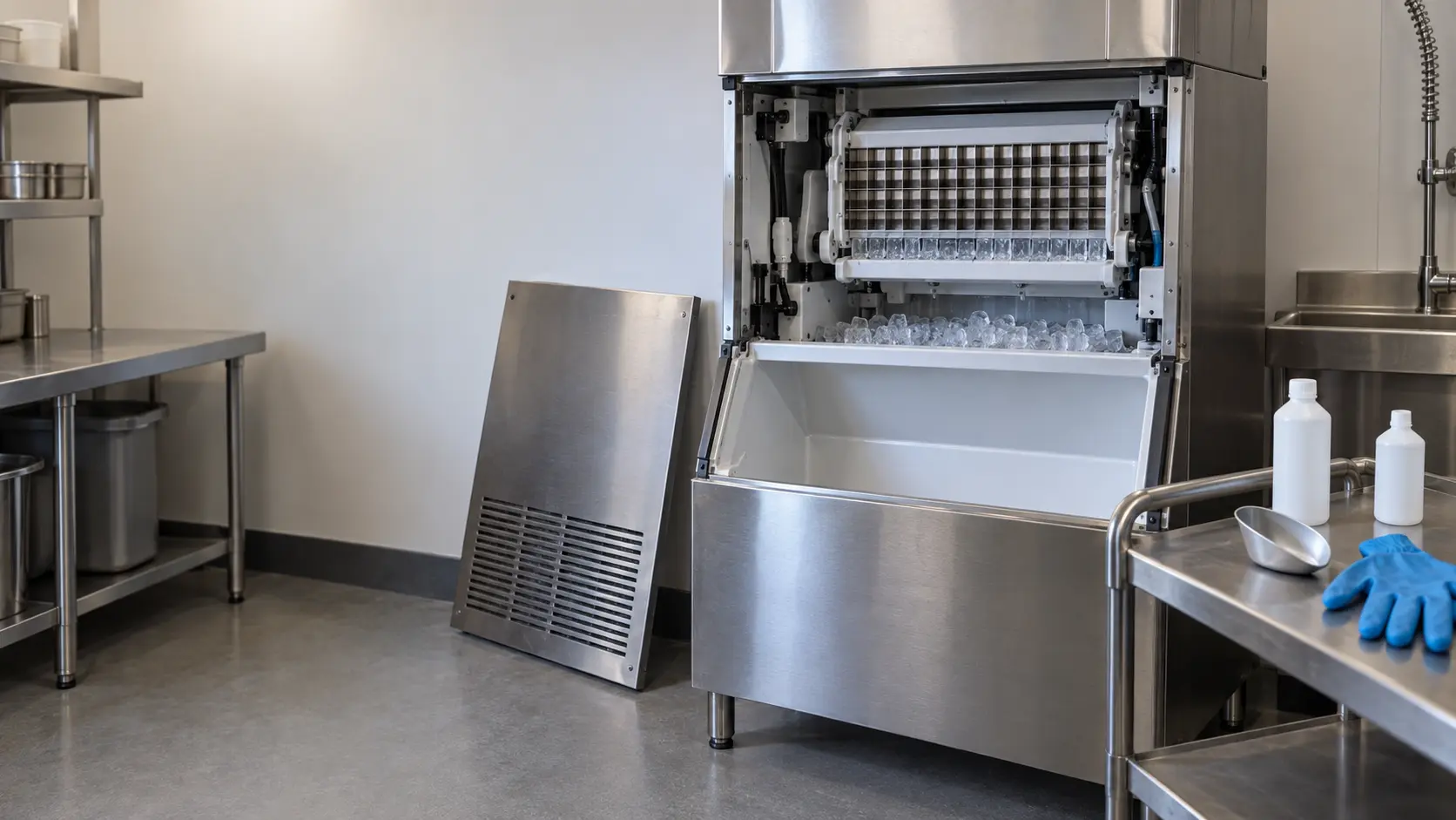 A stainless modular ice machine in a restaurant back room with its front panel removed and leaning against the wall, the ice machine's evaporator and water curtain visible, the empty bin wiped clean, a pair of rubber gloves and two bottles on a steel cart kept well apart.