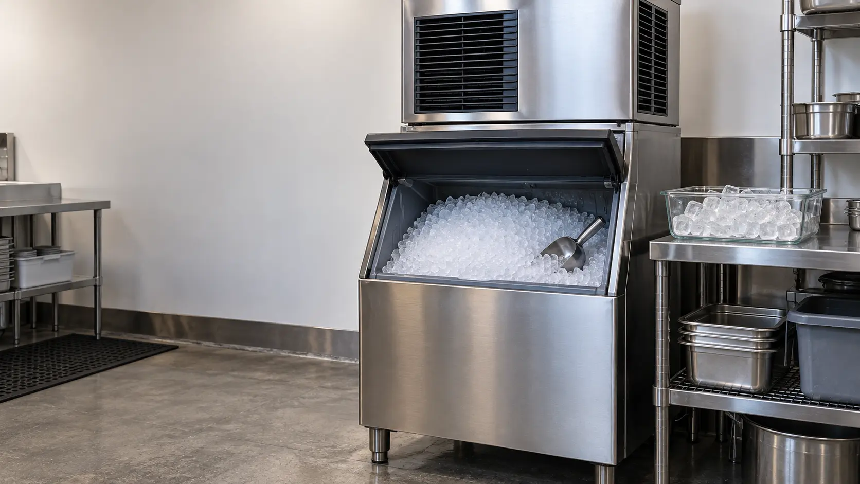A stainless modular ice machine head on a tall bin in a restaurant back room, its bin door lifted to show a mound of small soft nugget ice beside a stainless scoop, with a second ice machine's clear cubes in a glass pan on the steel shelf next to it.