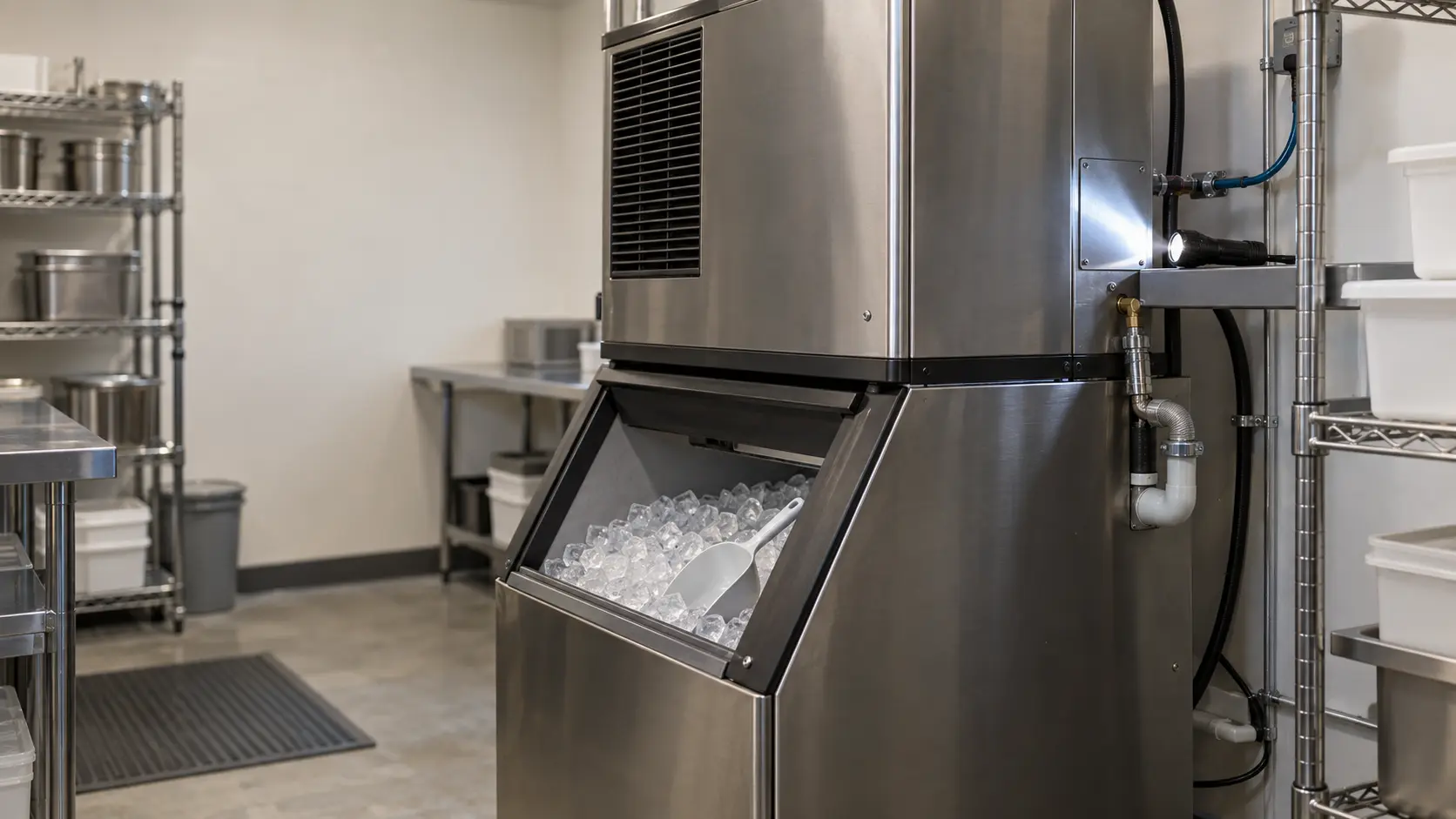 The back corner of a stainless modular ice machine on a bin in a clean restaurant storeroom, a blank metal dataplate on the ice machine lit from the side by a small flashlight resting on a shelf, water and drain lines neatly routed.
