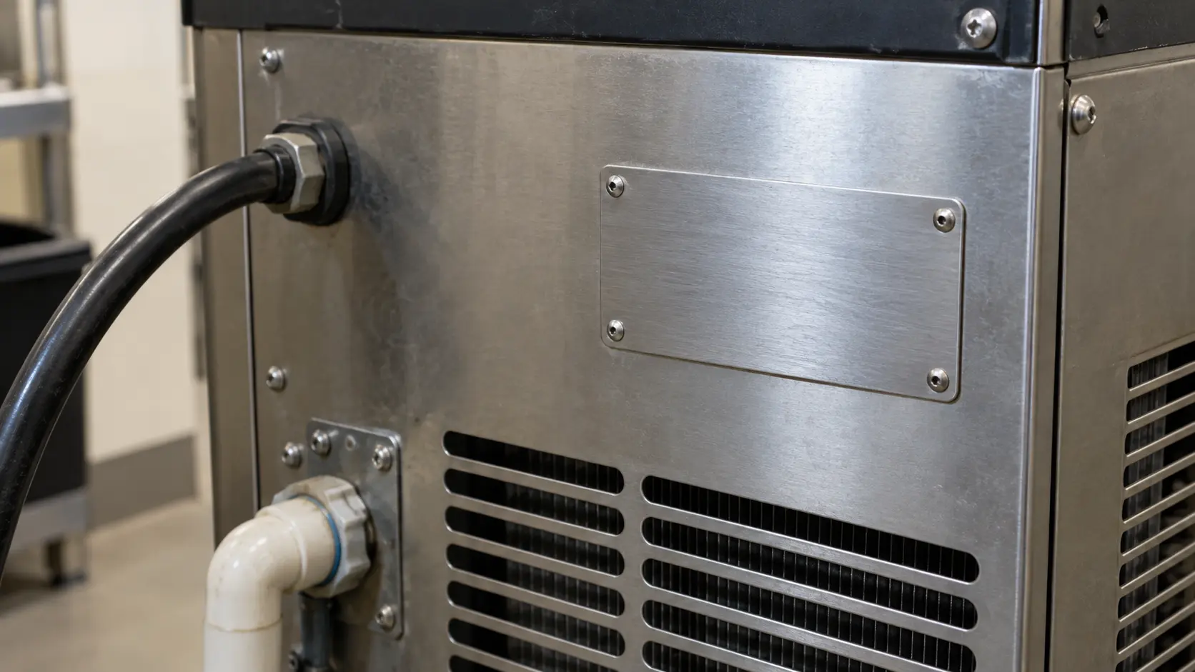 Close on a small blank metal plate with no characters on the back panel of an ice machine.