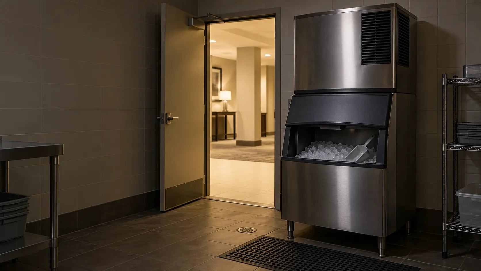 An empty hotel ice room at night with a stainless ice machine on a dispenser base against a tiled wall, the door propped open to a bright corridor, the ice machine front panel closed and its lights dim.