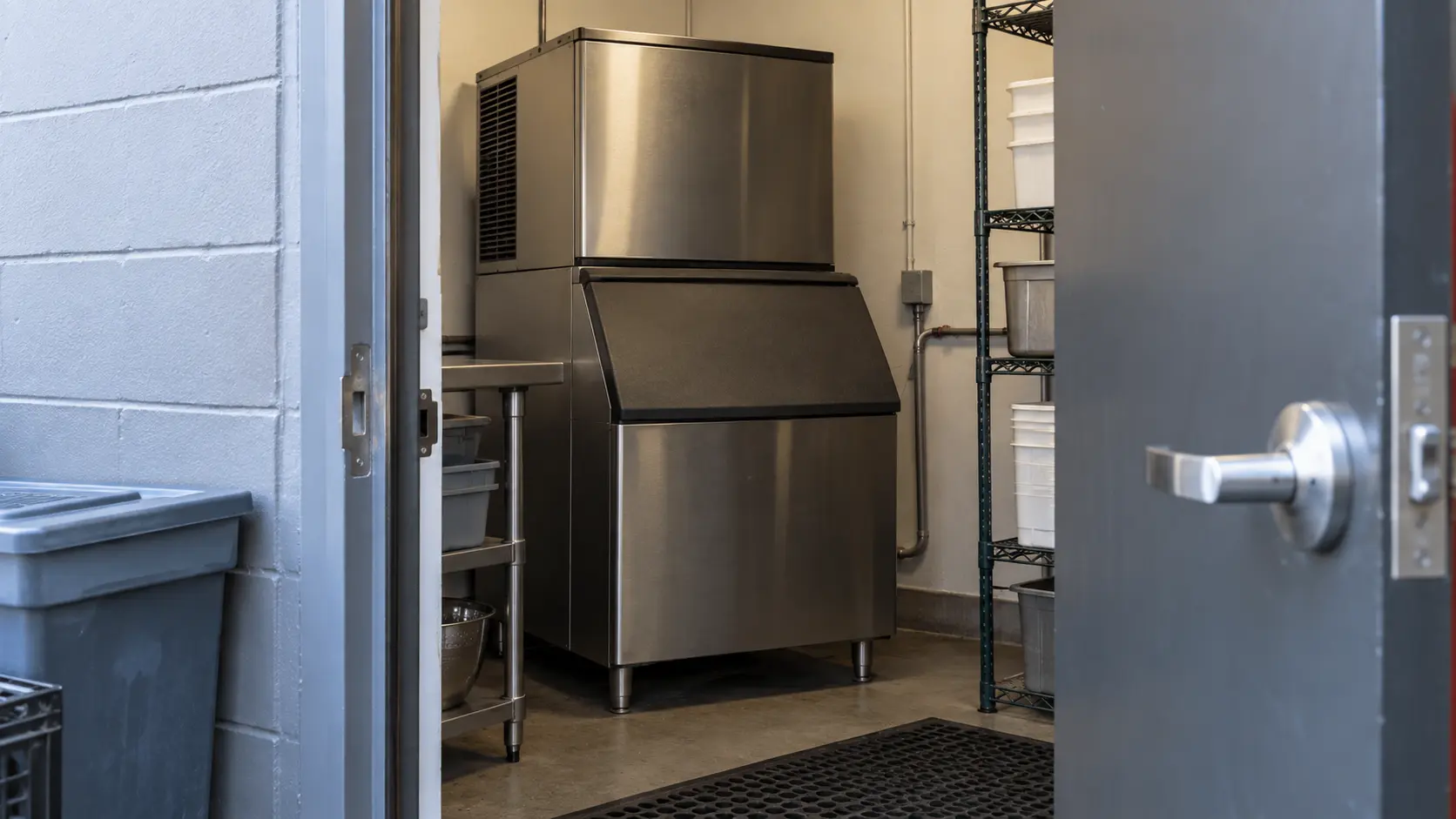 Close on an open back door of a restaurant storeroom with an ice machine inside, the room empty.