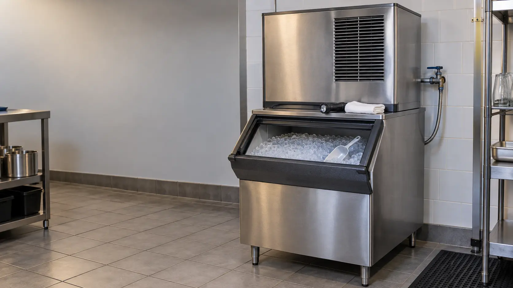 A stainless modular ice machine on a bin in a quiet bar back room, the front of the ice machine clean with a small flashlight and a folded towel on the bin lid, the water supply valve on the wall behind it visible, dry tiled floor.