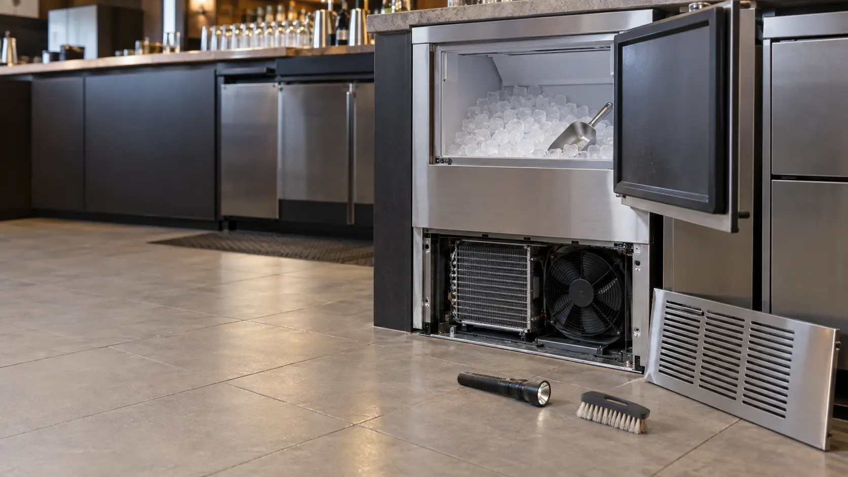 An undercounter ice machine beneath a bar counter with its lower grille set on the floor beside it, the ice machine's condenser fins and fan visible through the open kick space, a soft brush and a flashlight lying on the clean tile.