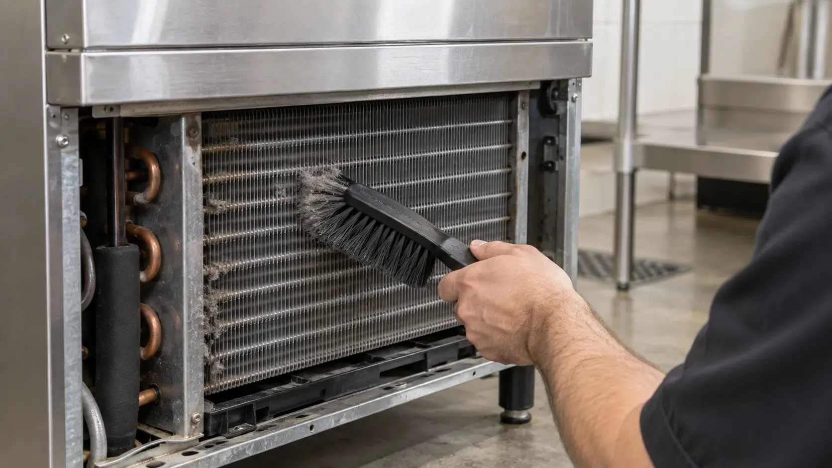 Close on a soft brush clearing lint from the condenser fins of an ice machine, the machine off.