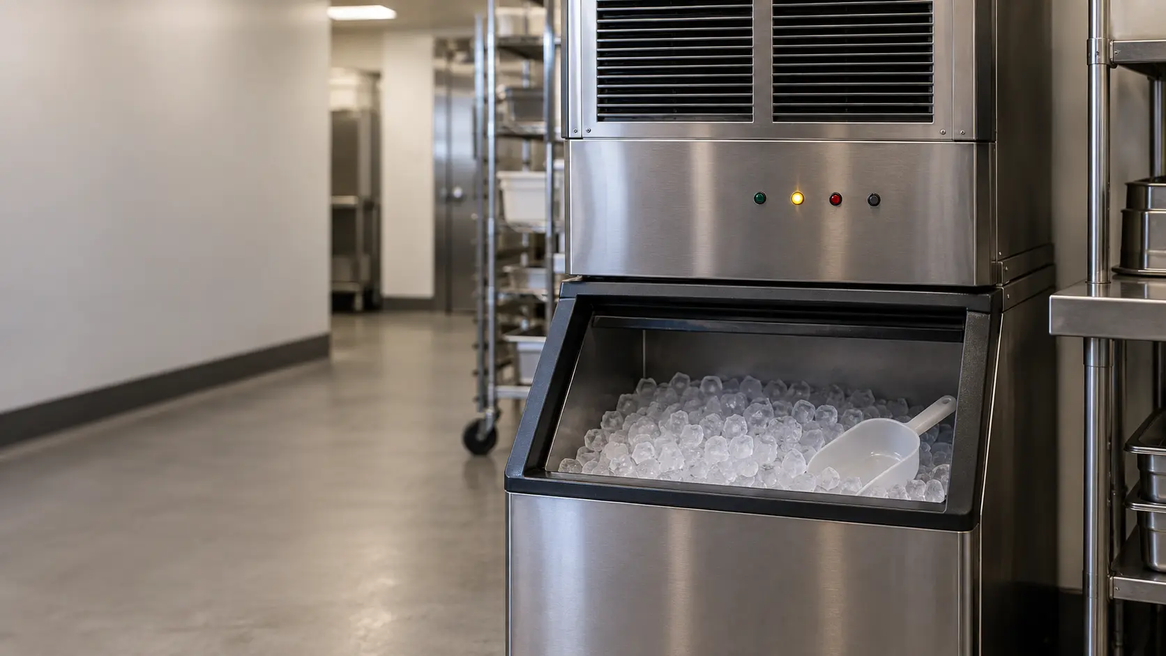 The front control panel of a stainless modular ice machine in a hotel service corridor, a row of small colored indicator lights glowing on the ice machine with one yellow light lit, a bin of clear cubes below.