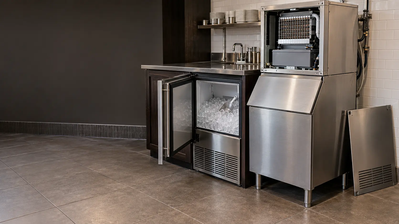 An undercounter ice machine built into a dark wood bar with its door open and a scoop resting on clear cubes, and beside it a stainless modular ice machine head on a bin with its front panel set aside against the wall, a clean tile floor.