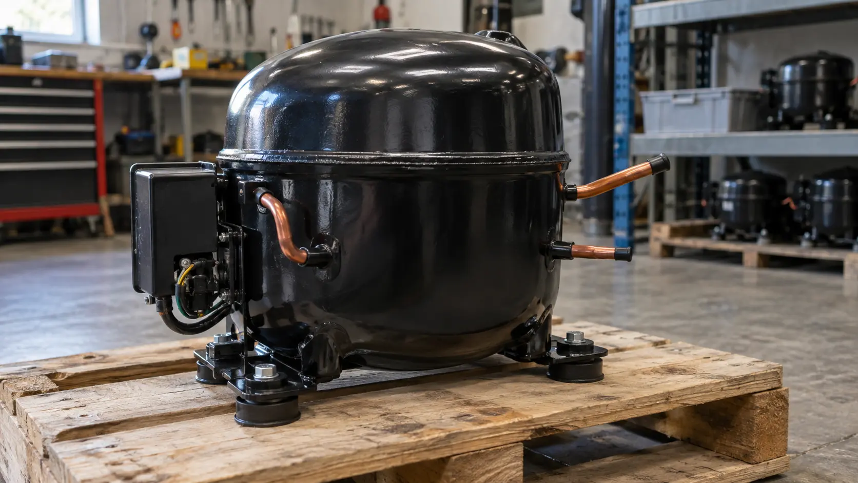 Close on a new compressor for an ice machine resting on a pallet in a workshop.