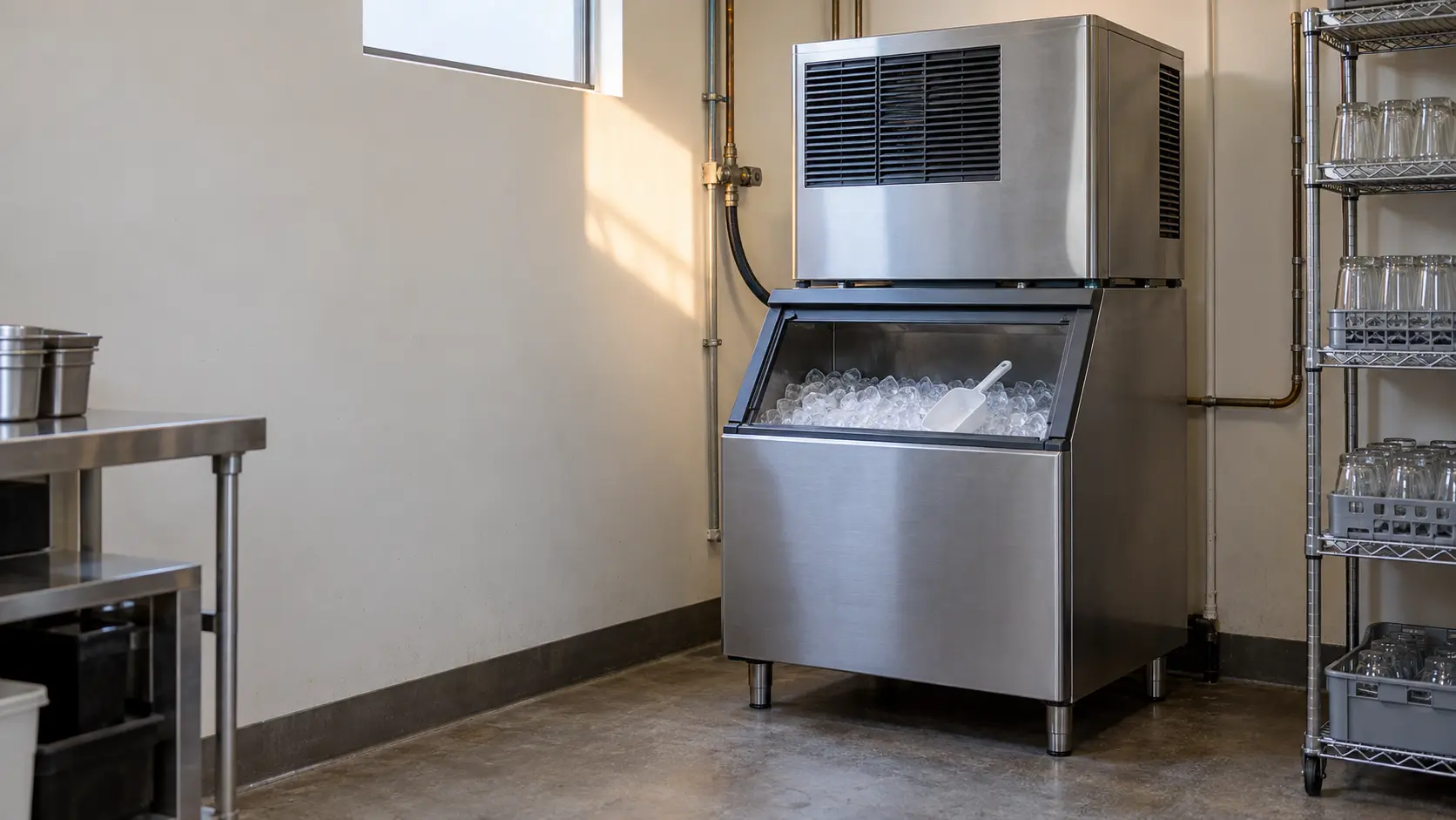A cramped restaurant back room with a stainless air-cooled modular ice machine head on a tall bin, open space around the top and sides of the ice machine, a warm shaft of light from a small window falling on the wall beside it, cases of glassware stacked well clear.