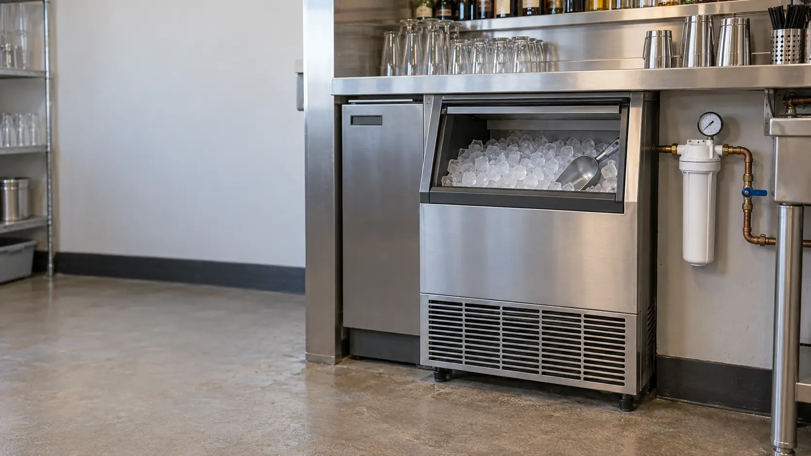An undercounter ice machine beneath a stainless bar counter with its lower grille in place, and on the wall beside the ice machine a white water filter housing with a round pressure gauge and a blue shutoff valve on the copper line.