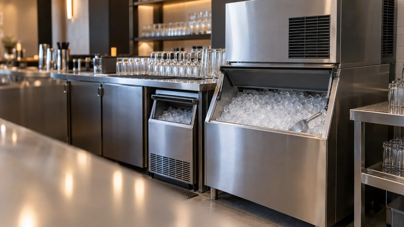 A hotel bar service station before evening service with a stainless modular ice machine head on a large bin, the bin door lifted to show it full of clear cubes, a second smaller undercounter ice machine visible under the bar top beside it, empty glasses lined up.