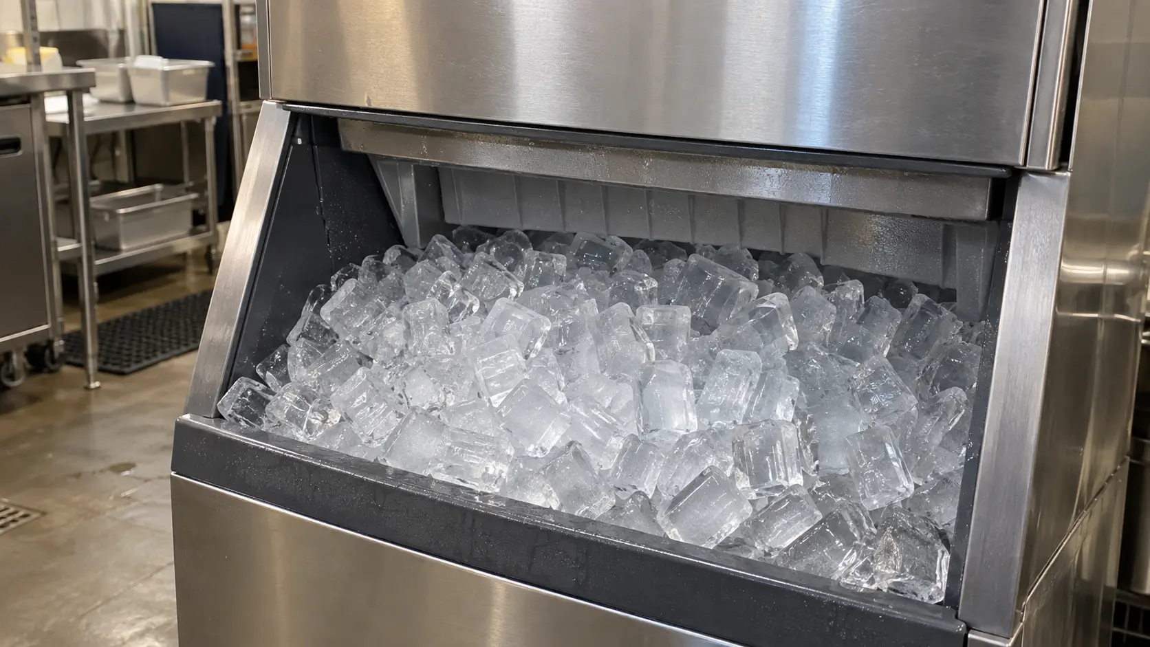 Close on a full storage bin of clear cubes under a modular ice machine at the end of a shift.