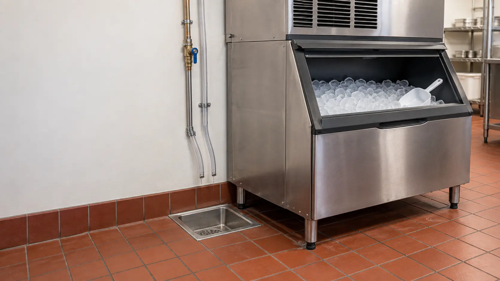 The lower back corner of a stainless modular ice machine on its bin in a restaurant back room, two clear drain tubes running down the wall and ending a short open drop above a square stainless floor sink set in red quarry tile, the ice machine legs and a water shutoff valve visible.