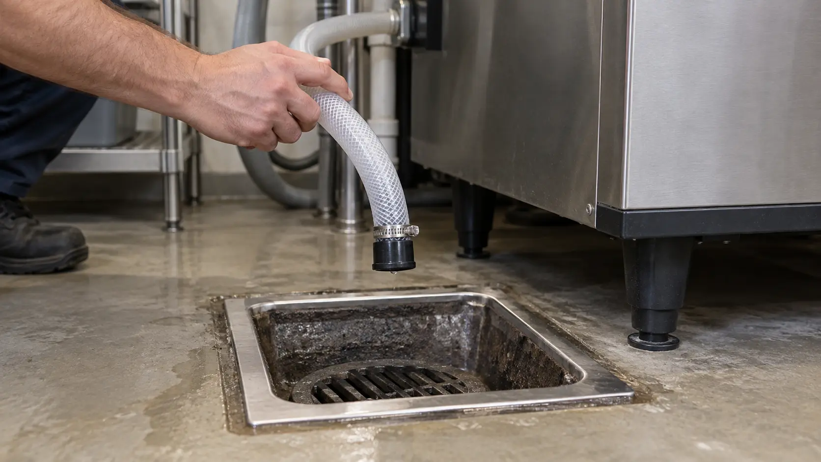Close on the end of an ice machine drain hose held above a floor sink with a clear gap of air.