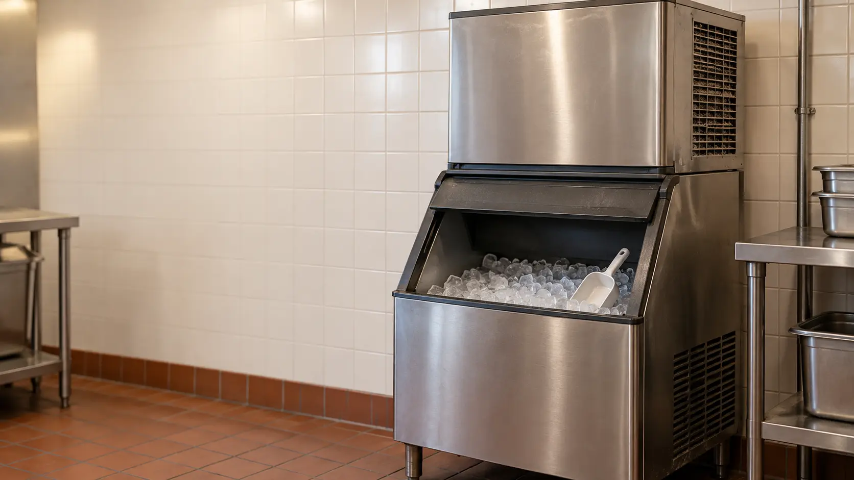 A stainless modular ice machine head on a storage bin in a warm restaurant back room, the ice machine pushed close to a tiled wall with its side air filter visibly gray with dust, the bin only a third full of clear cubes.